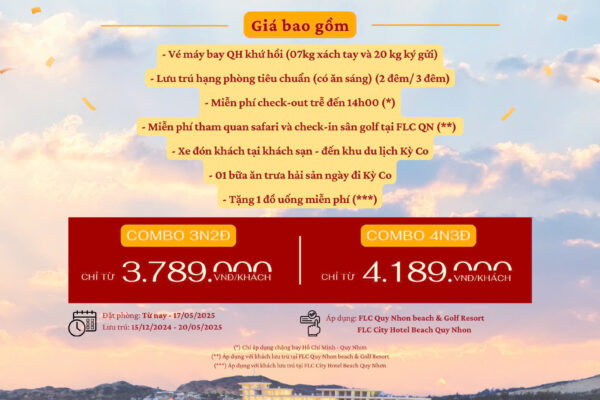 Combo Dl dành cho khách từ TP Hồ Chí Minh về Quy Nhon: Bay Bamboo, Ngủ FLC 5 sao, Tour Kỳ Co và Safari, siêu ưu đãi