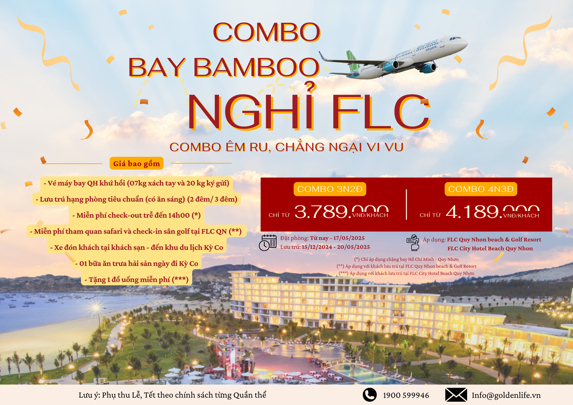 COMBO QUY NHƠN RẺ NHẤT CHO ĐẾN NAY, 4N3Đ BAY BAMBOO, NGHỈ FLC 5 SAO từ HCM